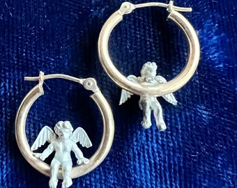 14k Gold Hoop Earrings Cherub Angels 925 Sterling Silver