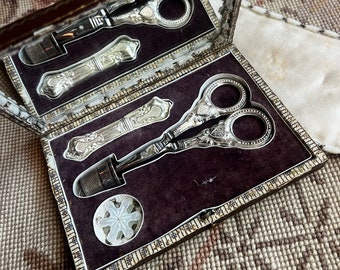 Silver Sewing Kit Antique Etui Palais Royale Case Scissors Thimble Mother of Pearl