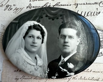 Bride & Groom Celluloid Mirror Vintage Wedding Photo