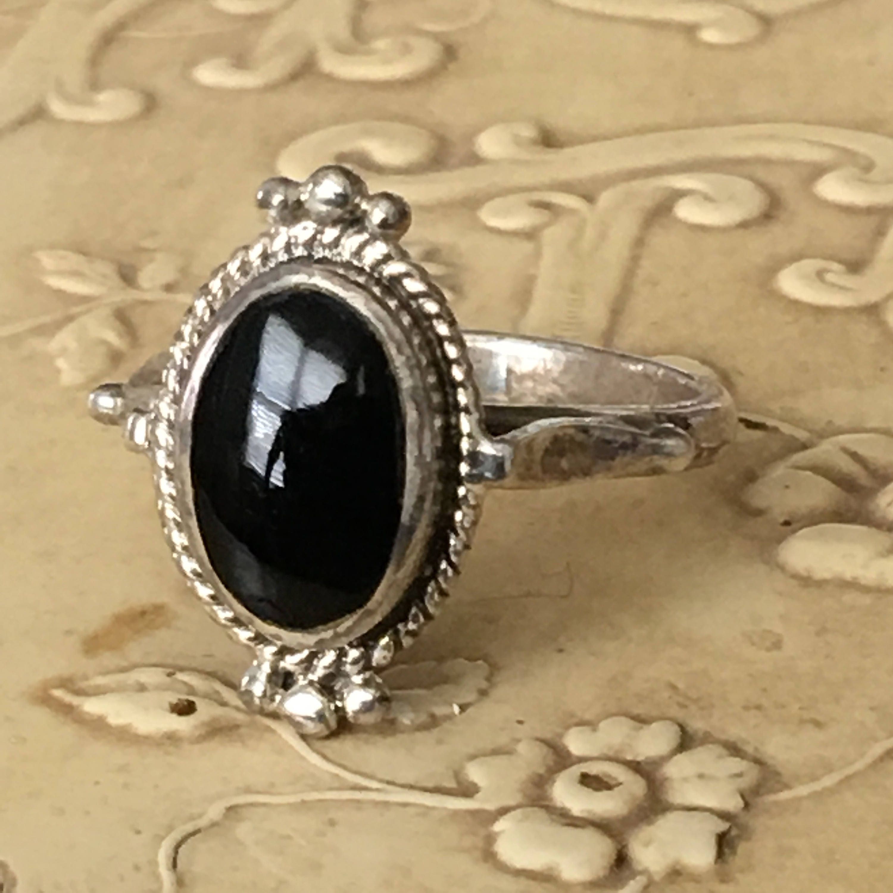 Vintage Black Onyx Sterling Silver Ring Boho Tribal Size 6 3 4
