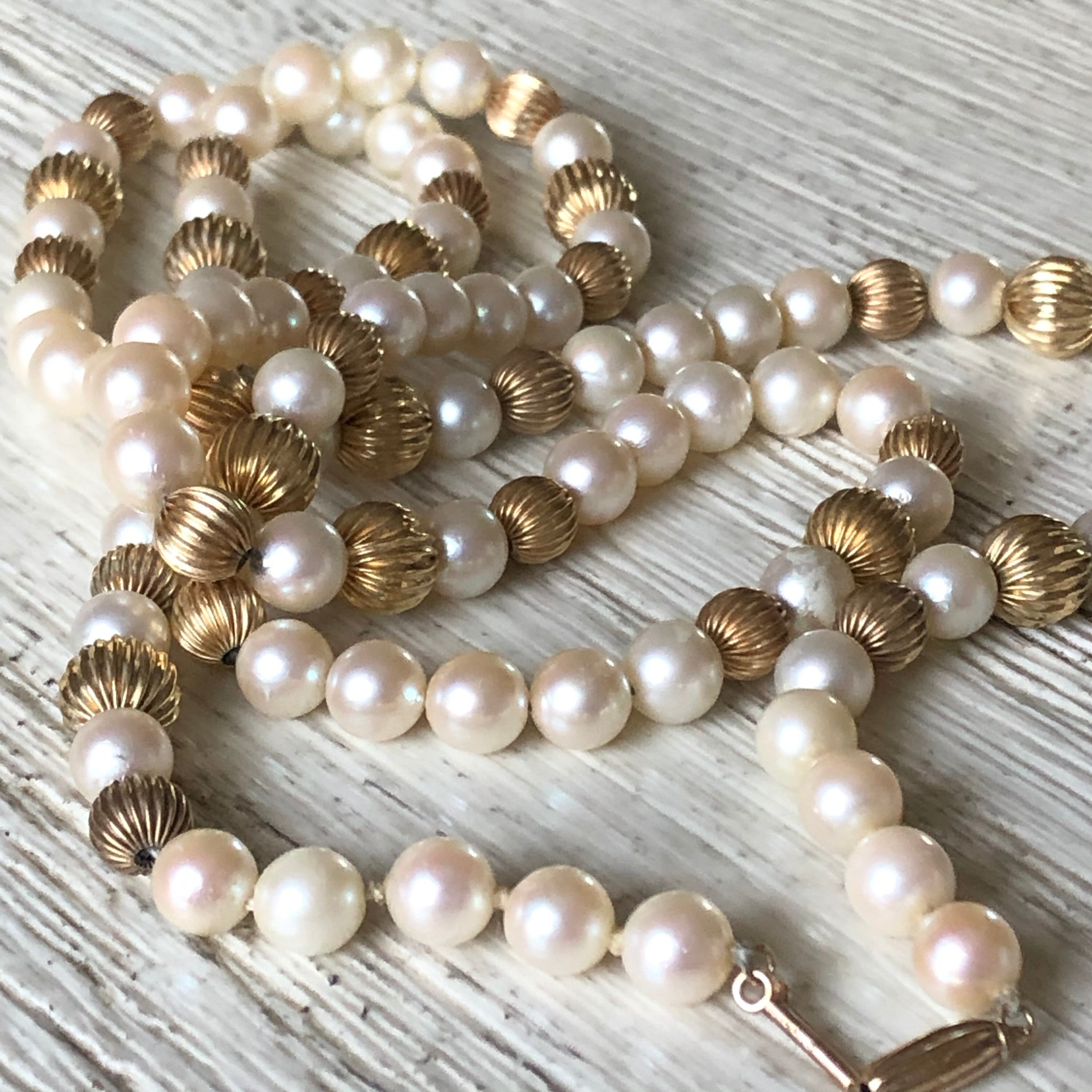 14K Gold Pearl Opera Necklace Vintage Fine Jewelry Fancy