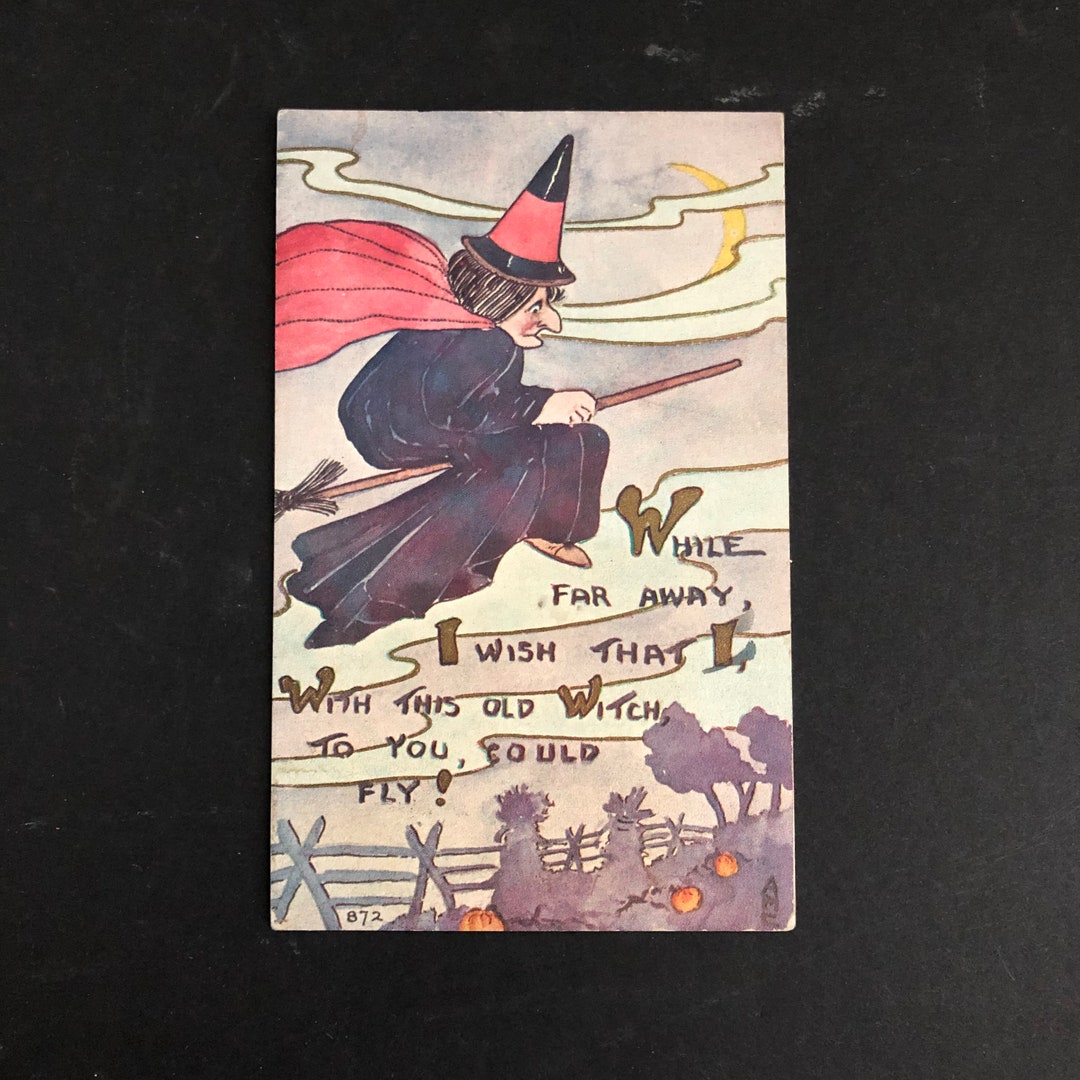 Flying Broomstick Witch Vintage Halloween Postcard F. A. Owen Post Card ...