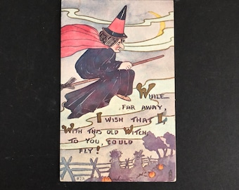 Flying Broomstick Witch Vintage Halloween Postcard F. A. Owen Post Card