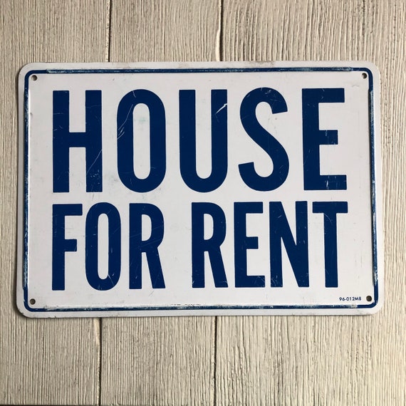 Vintage Metal Sign House for Rent Cobalt Blue White Industrial