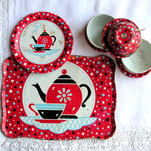 Toy Tea Set Tin Litho Tea Cups Tray Vintage Ohio Art Dishes