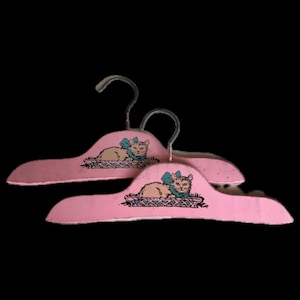 Baby Clothes Hanger Set of 2 Vintage Kitty in Basket Pink Wooden Wood