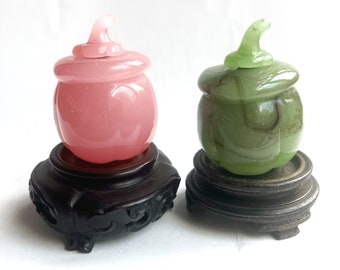 Glass Snuff Bottles Vintage Asian Art Objects Pair Green Pink Tobacciana