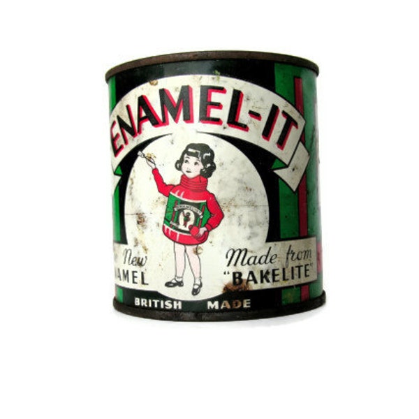 RESERVED Antique Enamel-It Paint Made From Bakelite Can Great Graphics Vintage Tin Industrial Supplies Red Green Black