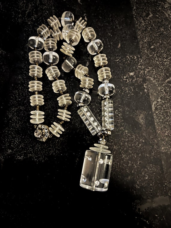 Signed Miriam Haskell Lucite Bead & Rhinestone Ro… - image 3