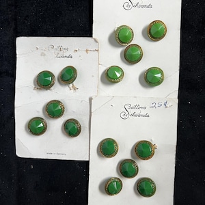 Vintage German Glass Buttons by Schwanda Original Card 3/4” Green & Gold NOS