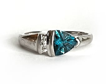 London Blue Topaz & Diamond Ring 14k White Gold Fantasy Cut