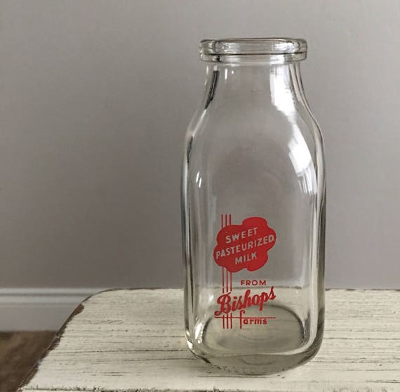 Small Milk Bottle Retro Glass Vintage Red Graphics Bishops Farms 1/3 Qt 