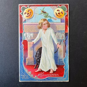 Cartão postal vintage de Halloween, menino assustado, JOL, bruxa, cartão postal de gato preto, coisas efêmeras