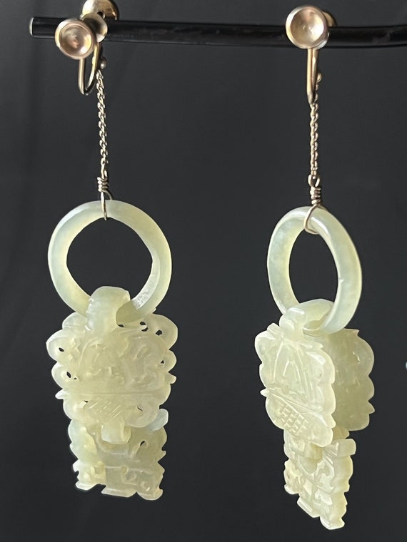 14K Celadon Jade Earrings Antique Chinese Qing Dy… - image 4