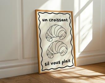 Stampa di croissant alla moda, grazioso poster francese, decorazione da parete per cucina, arte da caffetteria, arte da parete per caffè francese, stampa digitale