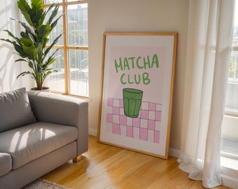 Matcha Club Wall Art - Kitchen Wall Decor, Hand Drawn Print, Modern Coffee Wall Art, Trendy Kitchen Cafe Decor, Digital Download