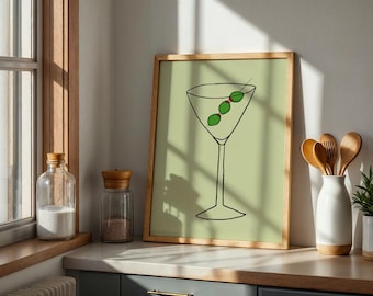 Arte de parede para coquetel de Martini - Impressão em taça de Martini, pôster de coquetel, arte de parede para carrinho de bar, impressão minimalista para cozinha, decoração de bar, download digital