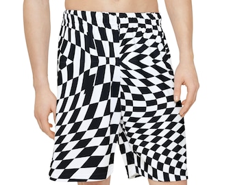 Könnte beinhalten: Schwarz-weiß karierte Shorts. Die Shorts weisen ein sich wiederholendes geometrisches Design mit einem verzerrten, optischen Illusionseffekt auf. Die Shorts haben einen elastischen Bund und eine lockere Passform, geeignet für Freizeitkleidung.