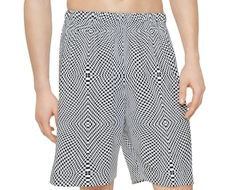 Könnte beinhalten: Schwarz-weiß karierte Shorts. Die Shorts weisen ein sich wiederholendes Muster aus kleinen schwarzen und weißen Quadraten auf, wodurch ein visuell auffälliges Design entsteht. Die Shorts haben einen elastischen Bund und eine lockere Passform, geeignet für Freizeitkleidung.