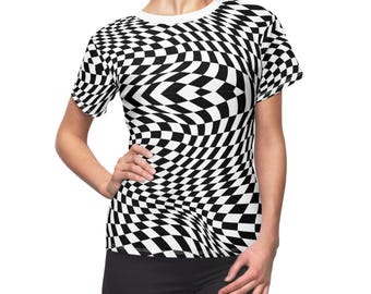 May include: A black and white checkered pattern t-shirt with a white crew neck. The design creates an optical illusion. The short-sleeved shirt is worn by a person.