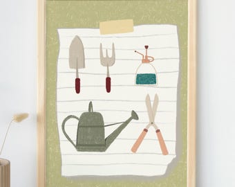 Garden Tools Art Print, Illustrated A4 Wall Art for Kitchens & Garden Rooms