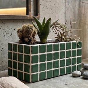 Prostokątna doniczka mozaikowa z ukrytą tacką ociekową, wodoodporna doniczka, ręcznie robiona doniczka do wnętrz, wyjątkowy wystrój domu,