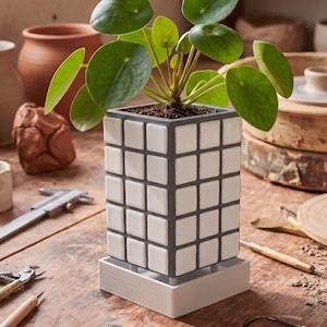 Pode incluir: Um vaso quadrado de cerâmica branca e cinza com um design geométrico, contendo uma planta verde com folhas redondas. O vaso assenta sobre uma base branca. O fundo inclui cerâmica e ferramentas sobre uma superfície de madeira.