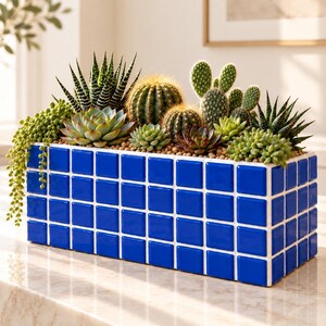 Kobaltblauwe vierkante mozaïekpot met 3 vakken, langwerpig en rechthoekig model – Pot voor vetplanten en cactussen met drainage – Moderne plantendecoratie