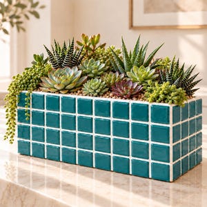 Turquoise vierkante mozaïekpatroon plantenbak met 3 vakken en drainage – Pot voor vetplanten en cactussen – Moderne plantendecoratie