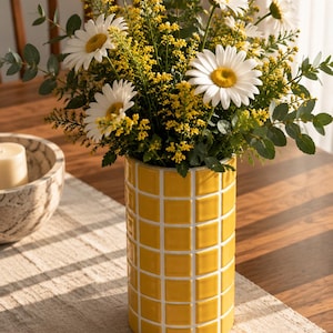 Yellow and White Square Patterned Cylindrical Decorative Vase, Mosaic-Look Geometric Flower Vase, Modern Tabletop Living Room Home Decor
