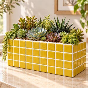 Puede incluir: Una maceta rectangular con un exterior de azulejos amarillos brillantes y brillantes con líneas de lechada blancas. La maceta está llena de una variedad de suculentas verdes y rojizas, incluyendo una planta colgante y rosetas.