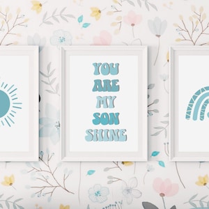 Nursery Printable Wall Art | Blue Nursery Wall Art | You Are My Sonshine Wall Art | Boho Wall Art | Sun and Rainbow | Boho Nursery Printable