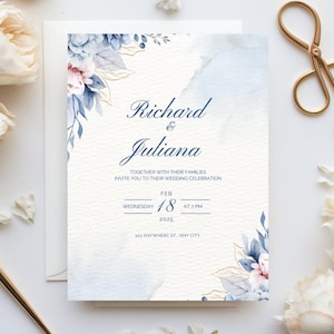 Blue and Gold Marble Wedding Invitation | Elegant Floral Digital Template | Canva Template