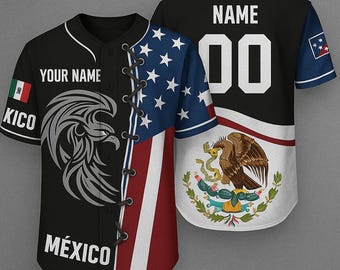 Camiseta de béisbol personalizada de EE. UU. y México: camiseta de águila con media bandera y nombre y número.