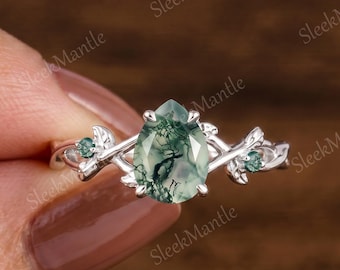 Anillo de plata hecho a mano para mujer, anillo de ágata musgosa para ella, regalo de naturaleza de hoja para esposa