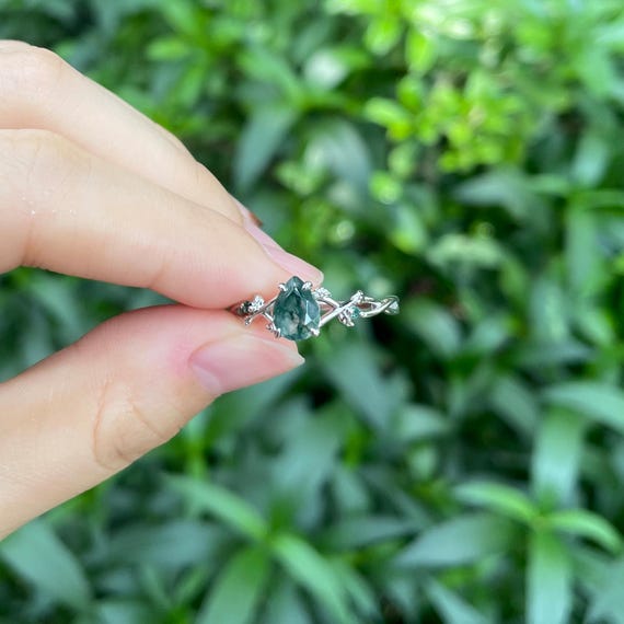 Handmade silver ring for women moss agate ring for her leaf nature gift for wife