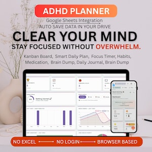 ADHD Digital Planner, Task Habit Tracker, Focus Timer, Mood Energy Charts