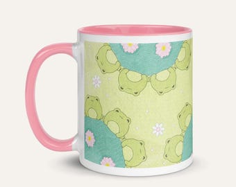 kawaii green frogs mug, hand-illustrated ceramic cup, cute gift, colored choice