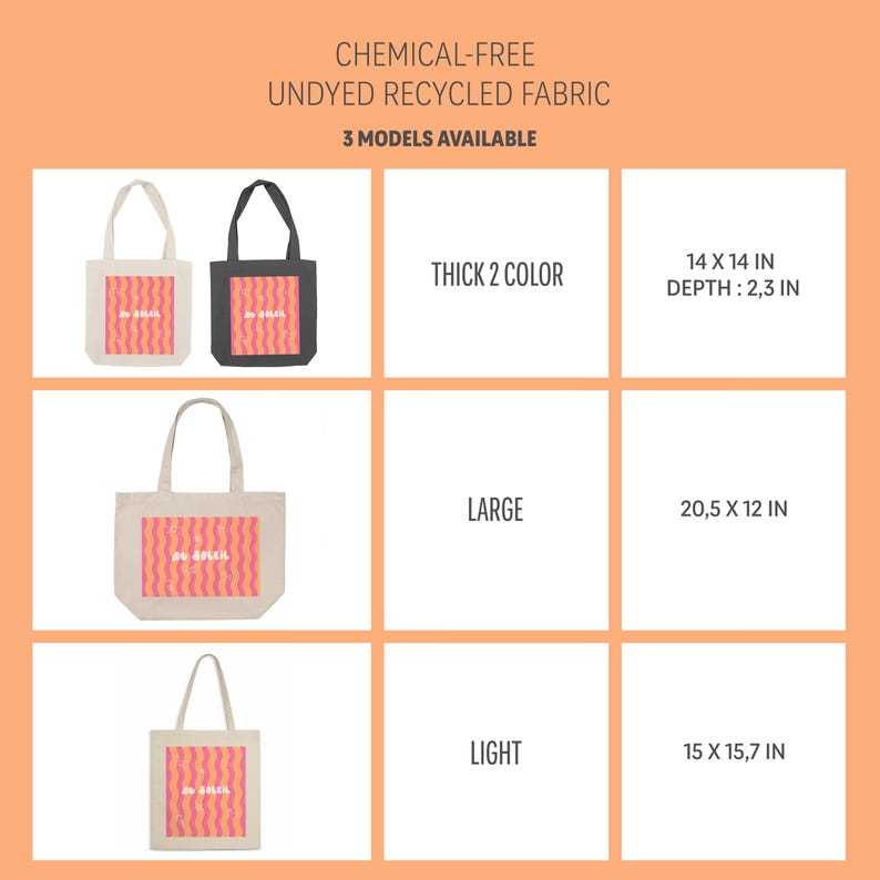 Un tableau qui représente les 3 modèles de sac en photos et leurs dimensions avec indications.
En titre "3 modèles disponibles, toile recyclée non teintée sans produit chimiques". Le texte est en anglais. Il s'agit d'un tote bag coloré de vagues roses et oranges, une inscription "au soleil" dessinée en blanc en arrondi au milieu et autour des petits motifs dessinés en blanc, un soleil, des lunettes de soleil, un appareil photo, un cornet de glace, une étoile de mer et une paire de tongs.