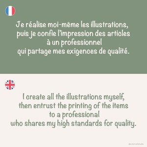 Information en français et anglais : Je réalise moi-même les illustrations, puis je confie l’impression des articles  à un professionnel qui partage mes exigences de qualité.
