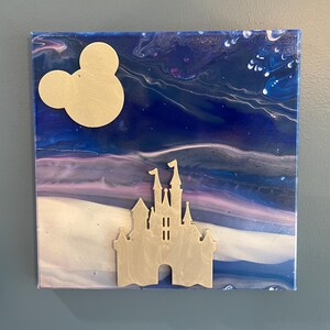 Fairy Lights Purple Silver Magic Castle Mouse Moon Pour Painting, 12x12 Canvas