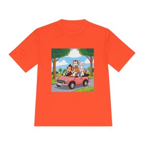 Leuke cartoon Friends Driving-T-shirt, uniseks vochtafvoerend T-shirt, zomeravontuurshirt, cadeau voor kinderen, dierenvrienden-T-shirt