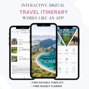 Può includere: Tre smartphone che mostrano un'app di itinerario di viaggio digitale. L'interfaccia dell'app mostra destinazioni di viaggio, tra cui l'Indonesia. Il testo sull'immagine recita "Interactive Digital Travel Itinerary Works Like An App."