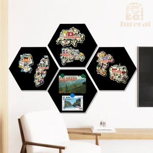 Hexagon Magnetic Display Board,Modern Metal Wall Art for Photos&Notes,Rustic Fridge Magnet Holder,Travel Memory Showcase,Collect decorations