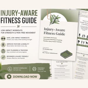以下が含まれることがあります： 「Injury-Aware Fitness Guide」というタイトルのデジタルフィットネスガイド。緑と白のデザインで、低負荷ワークアウトによる筋力と痛みのない動きを促進します。安全なワークアウト、姿勢改善、初心者向けエクササイズに関するセクションが含まれています。