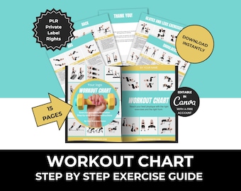 Plantilla editable de tabla de entrenamiento, guía de ejercicios, planificador de fitness (Canva PDF)