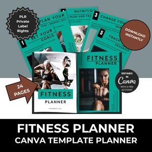 Peut inclure: Un modèle de planificateur de fitness avec un design turquoise et blanc. La couverture présente des images de femmes s'entraînant. Le planificateur comprend des sections pour fixer des objectifs, la nutrition et le suivi des progrès. Le texte comprend "Fitness Planner".