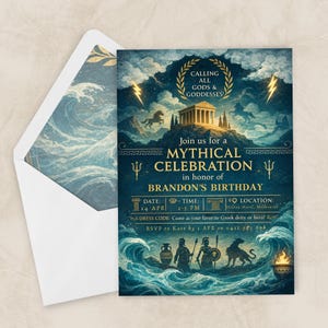 May include: A themed invitation for a mythical celebration, featuring a temple, lightning bolts, and a horse. The invitation includes the text "Calling All Gods & Goddesses" and details for Brandon's birthday, with a dress code encouraging Greek deity attire.