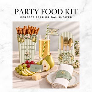 May include: A party food kit featuring green and white striped paper containers with pear and floral illustrations. Includes a snack box, a cutlery holder with gold utensils, a napkin ring, a cheese label, and a straw with a flag topper.