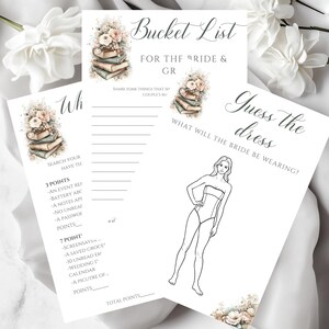 May include: Three printable bridal shower game sheets with floral accents. The sheets include a "Bucket List" game, a "Guess the Dress" game, and a "What" game. The text on the sheets is in a handwritten style font.